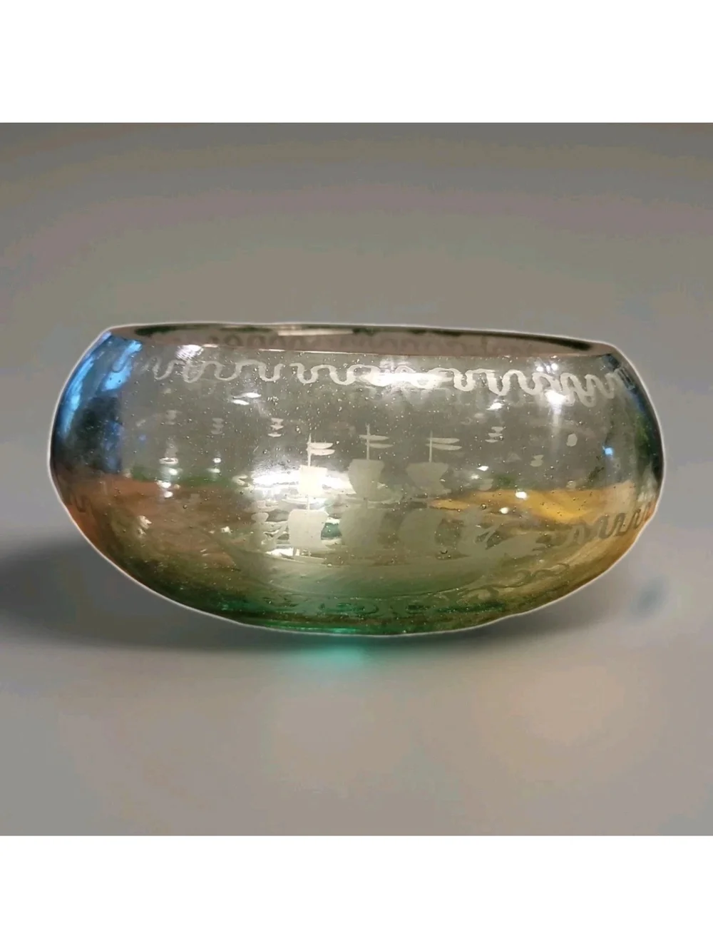 Antique Glass Bowl Czechoslavovakian Hand Etched Schooner/ Oval 6